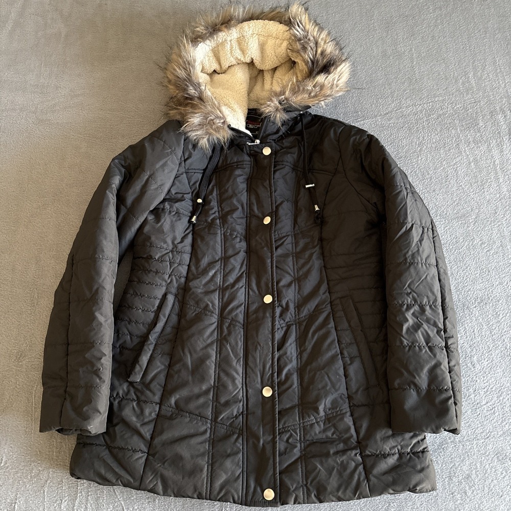 Below Zero by Rothschild Jacket Women M Black Puffer Faux Fur Hooded Parka Coat
